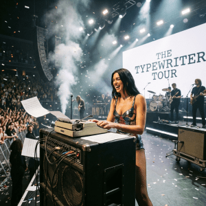 Singer laughing while using a typewriter on stage with "THE TYPEWRITER TOUR" displayed behind.