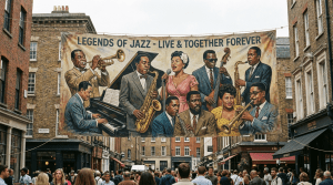 Banner with text 'LEGENDS OF JAZZ - LIVE & TOGETHER FOREVER' featuring famous musicians.