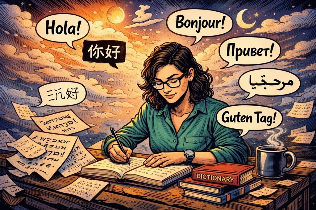 Man writing in a notebook with speech bubbles showing greetings in various languages and landmarks